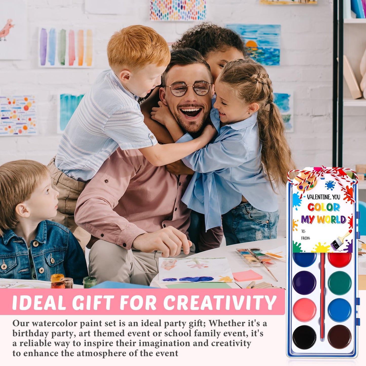 Sabary 24-Pack Valentine Watercolor Paint Sets — Washable, Gift Cards & 20m Rope for Classroom Exchanges