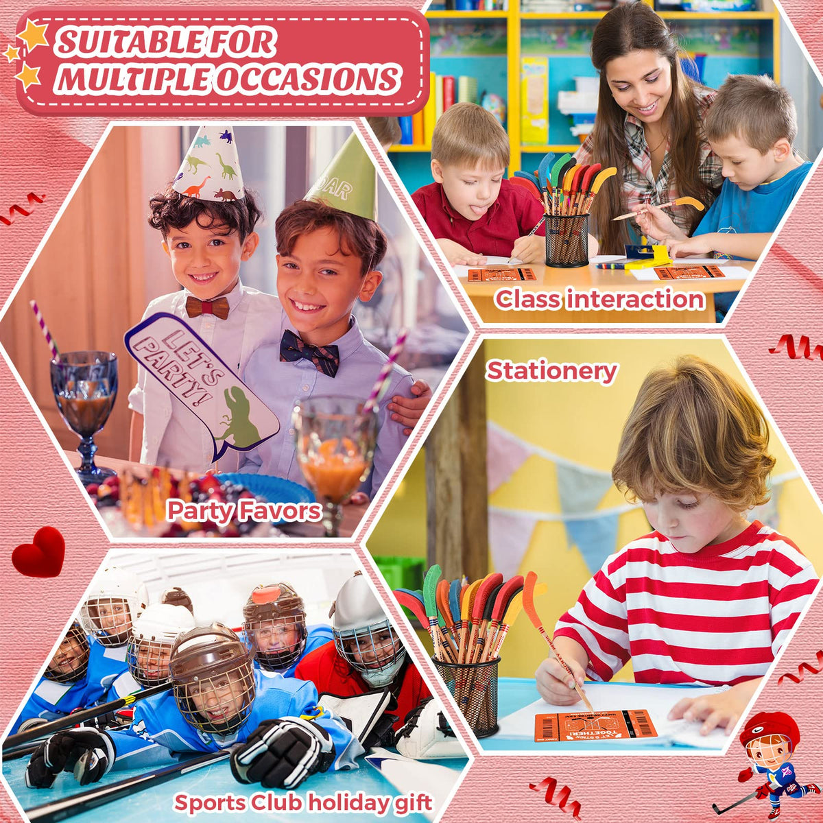 Sabary 12-Pack Valentines Hockey Pencils with Cards — Classroom Party Favors