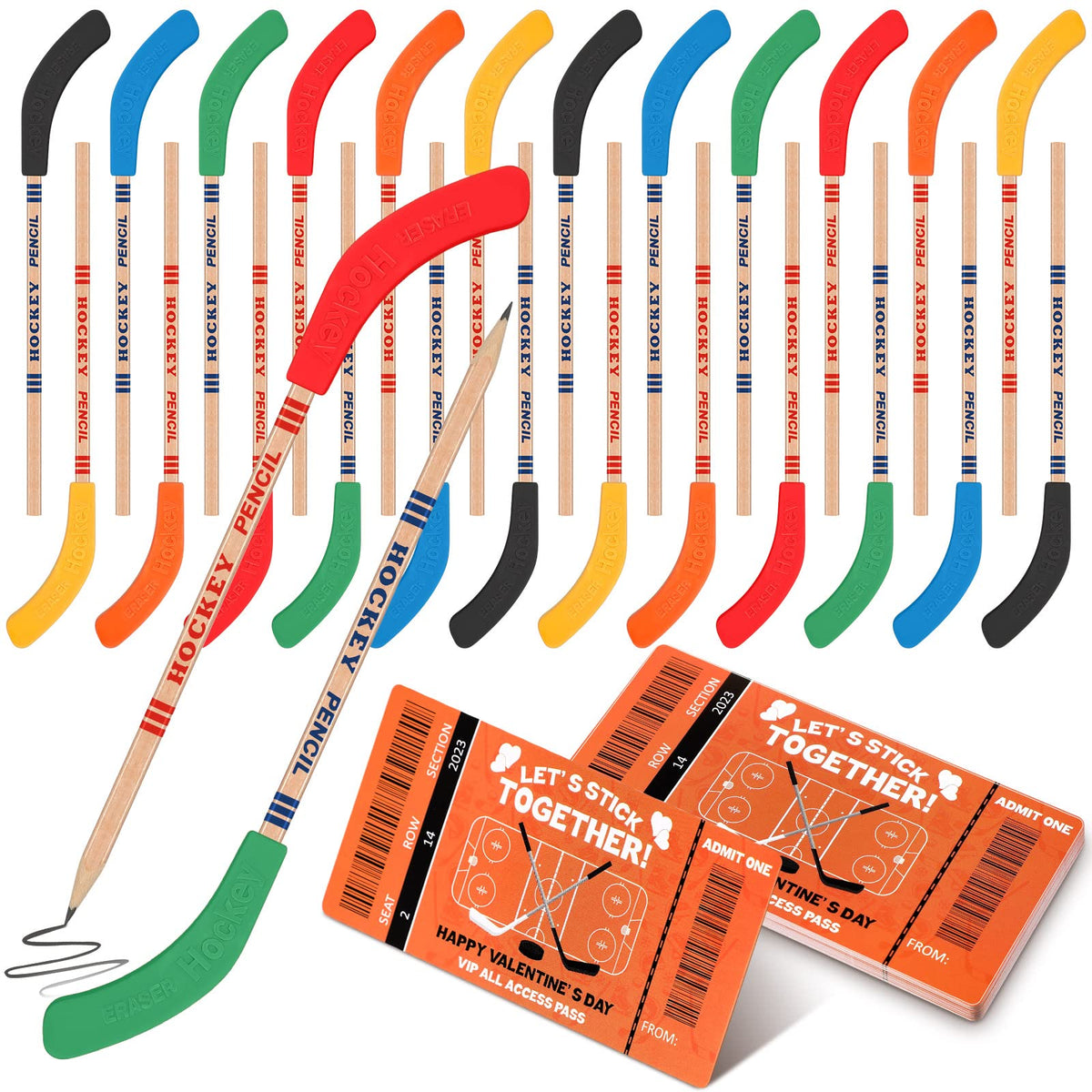 Sabary 12-Pack Valentines Hockey Pencils with Cards — Classroom Party Favors