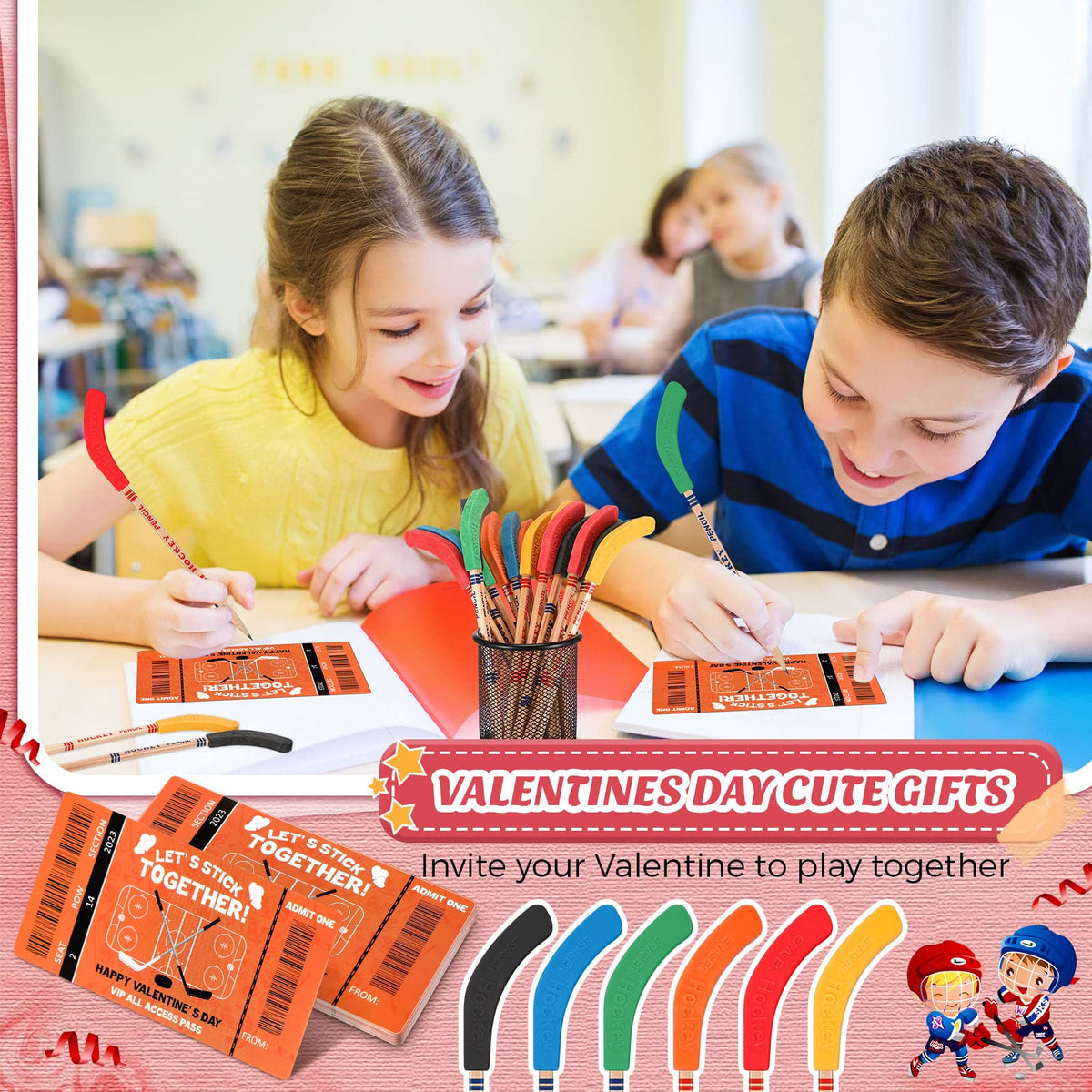 Sabary 12-Pack Valentines Hockey Pencils with Cards — Classroom Party Favors