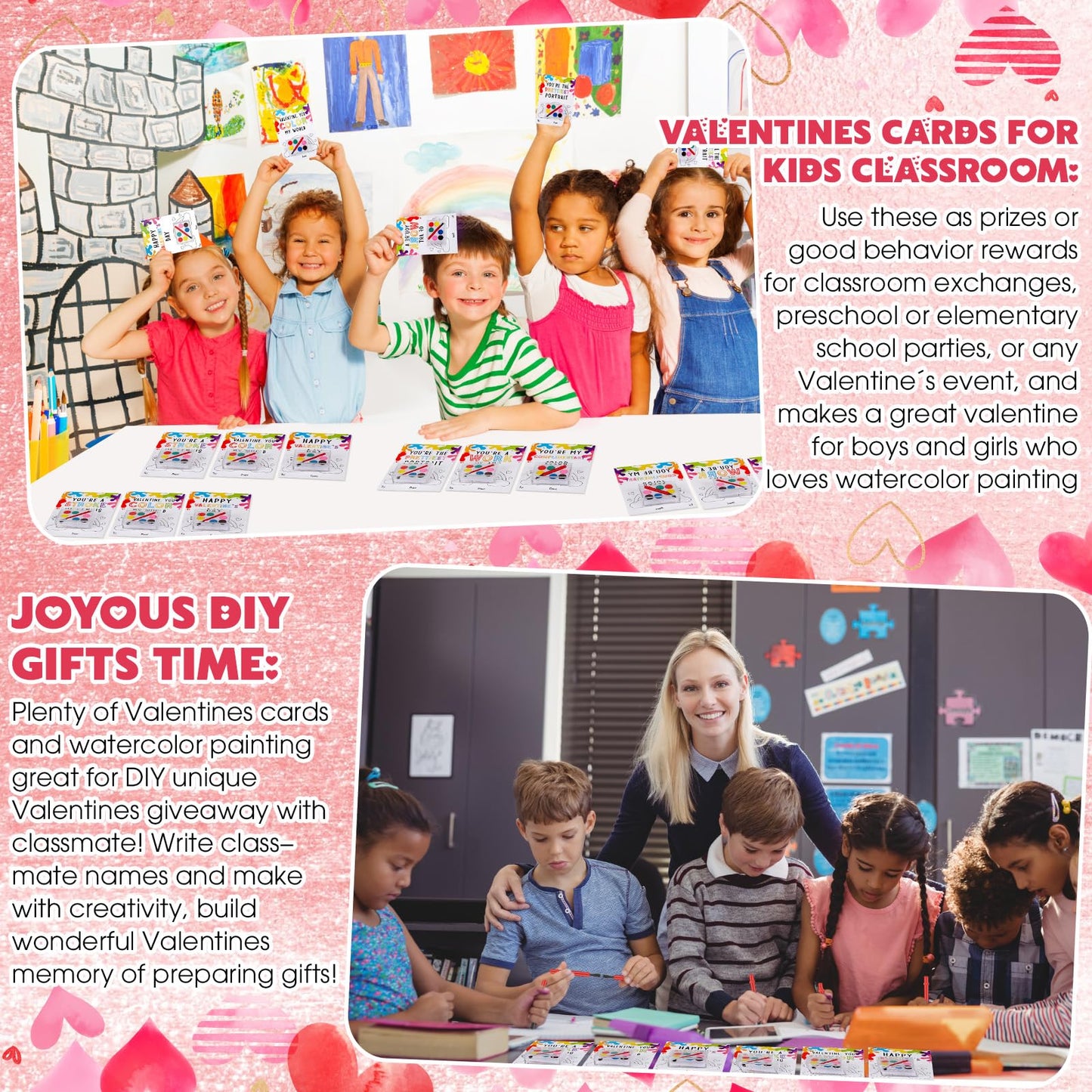 Sabary 50 Pack Valentines Day Gift Set for Kids – Watercolor Paints & Gift Cards for Class Exchanges & Party Favors
