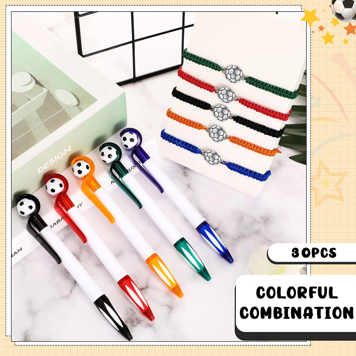 Sabary 30 Pcs Soccer Party Favors Set – Pens & Adjustable Bracelets for Kids & Teens (Multicolor)