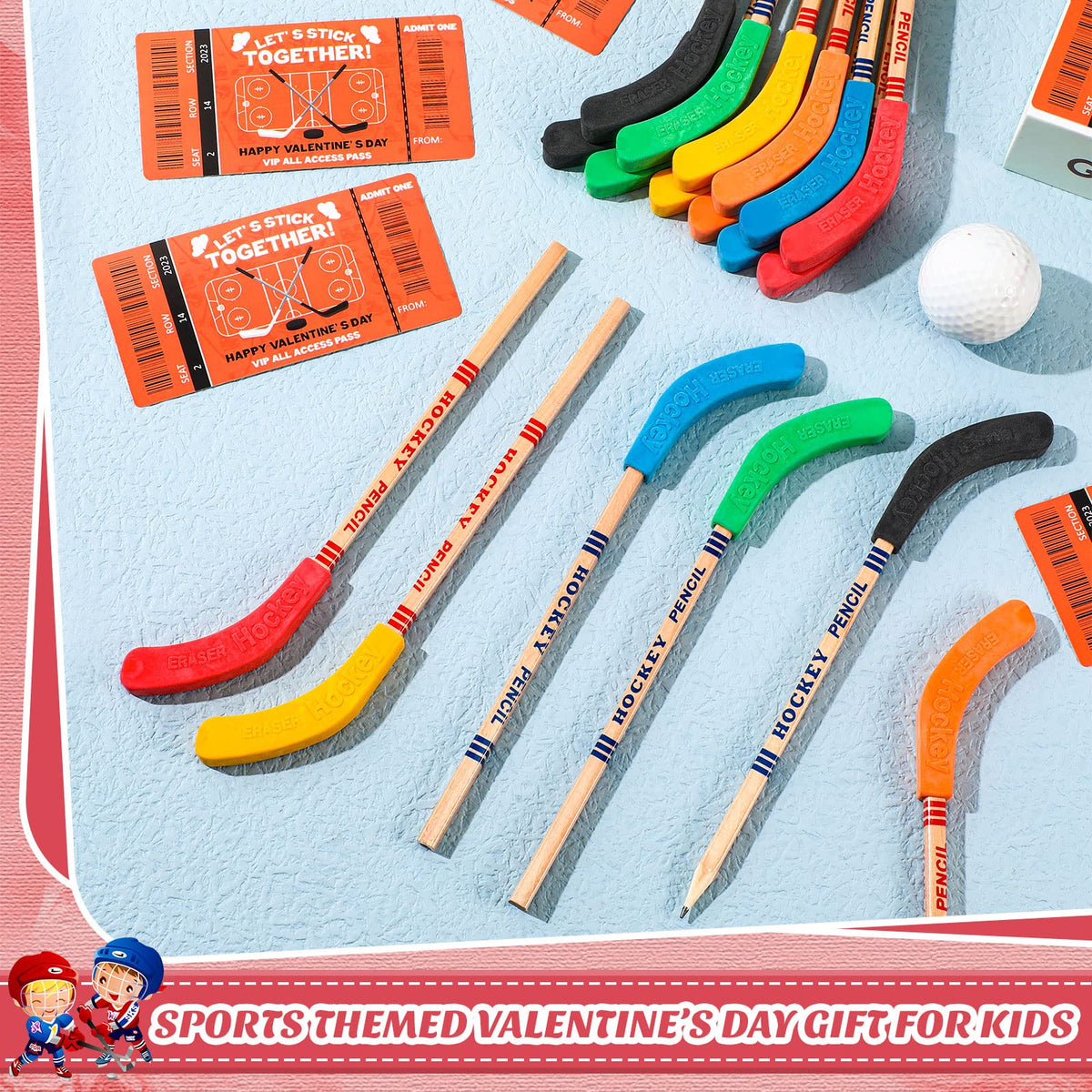 Sabary 12-Pack Valentines Hockey Pencils with Cards — Classroom Party Favors
