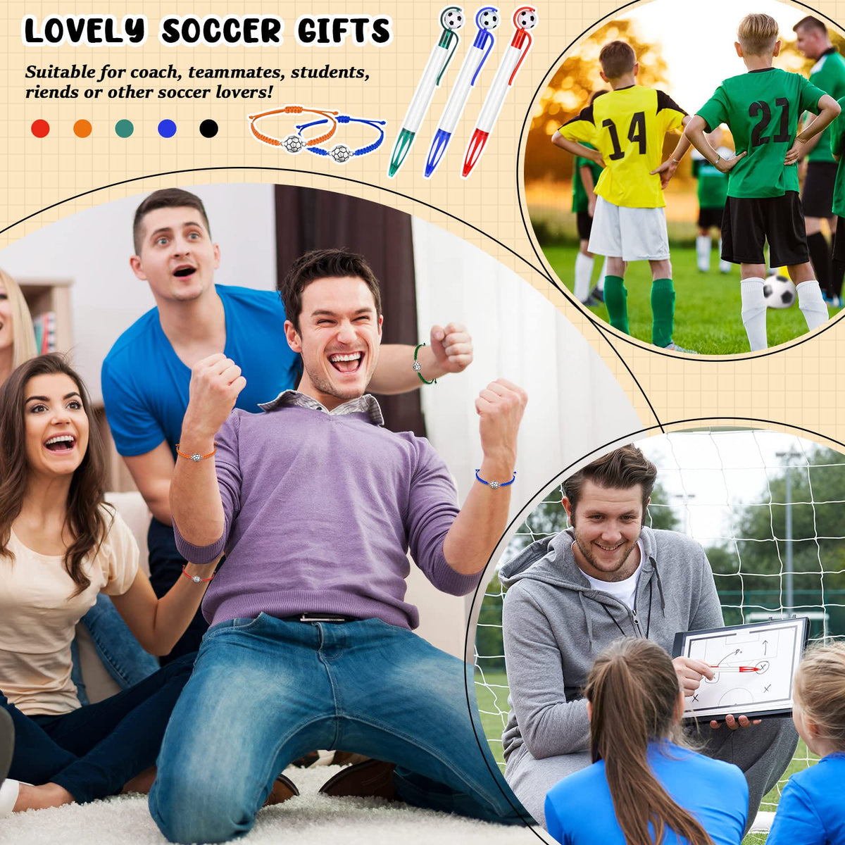 Sabary 30 Pcs Soccer Party Favors Set – Pens & Adjustable Bracelets for Kids & Teens (Multicolor)