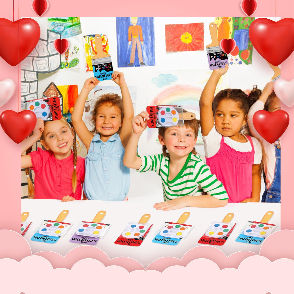 Sabary 24 Pack Valentine Card Set + Watercolor Paint Bulk – Paint Brush Valentines & Gift Favors