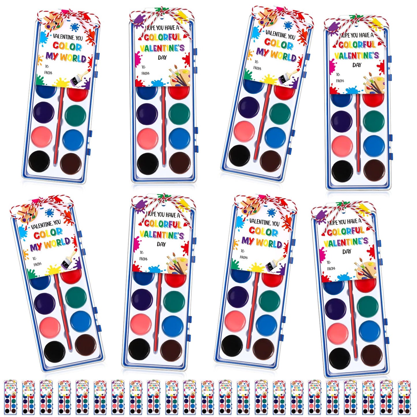 Sabary 28 Pack Valentine Watercolor Sets with Gift Cards & 20m Rope – Classroom & Party Art Supplies