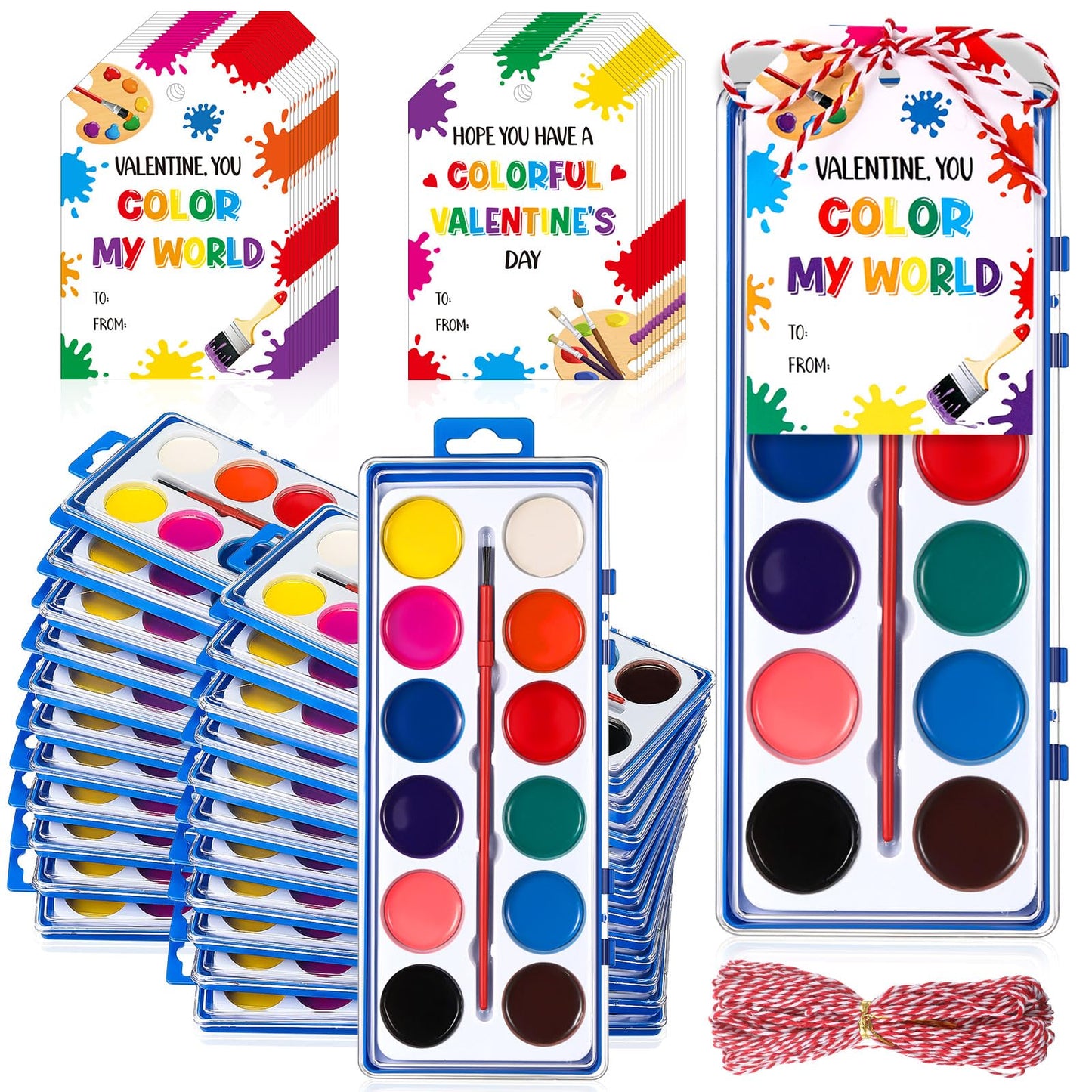 Sabary 30-Pack Valentine Watercolor Paint Sets with Gift Cards & 20m Rope
