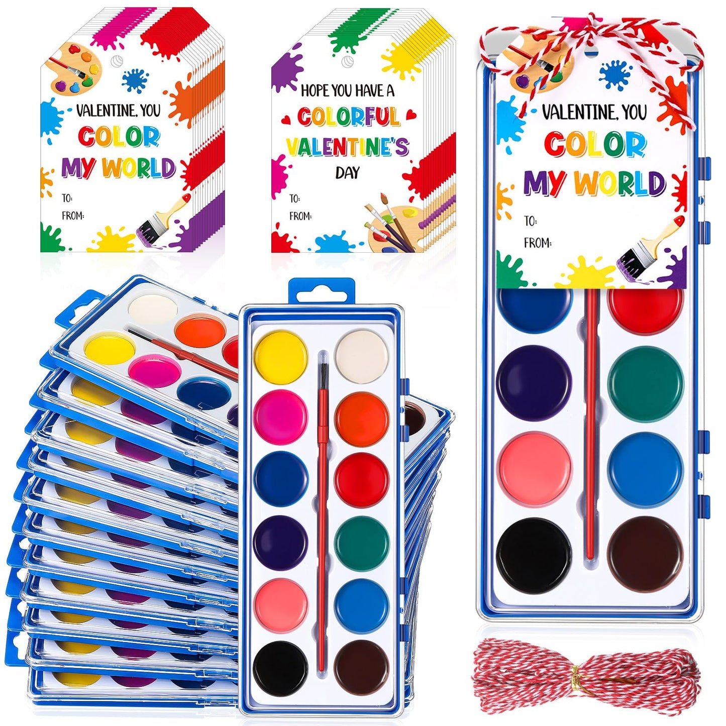 Sabary 24-Pack Valentine Watercolor Paint Sets — Washable, Gift Cards & 20m Rope for Classroom Exchanges