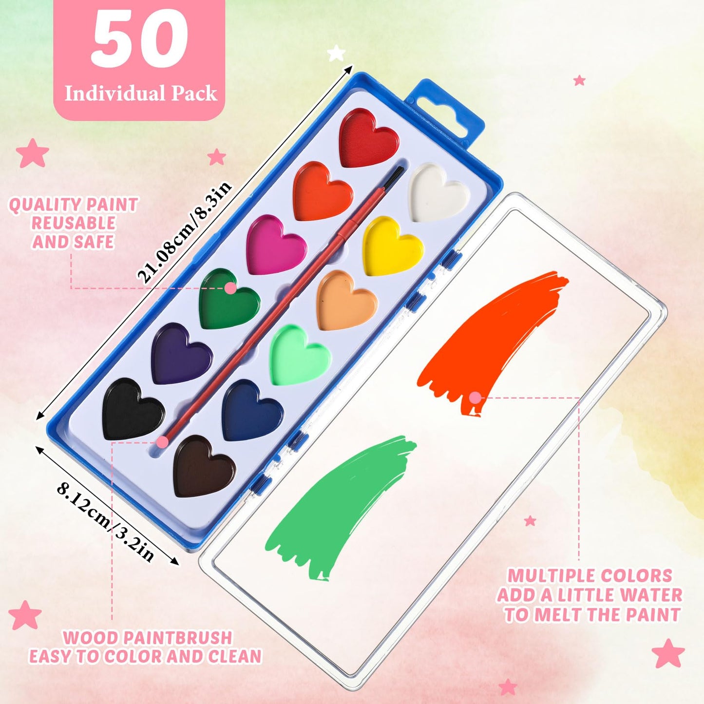 Sabary 50-Pack Valentines Day Watercolor Paint Set with Cards and Rope