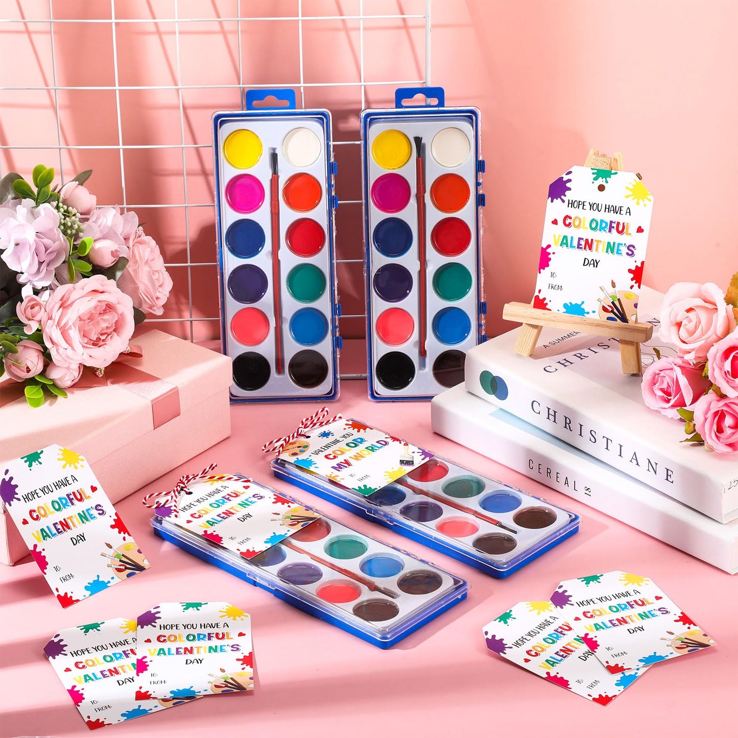 Sabary 18-Pack Valentine Watercolor Set with Gift Cards & 20m Rope | Washable Art Supplies