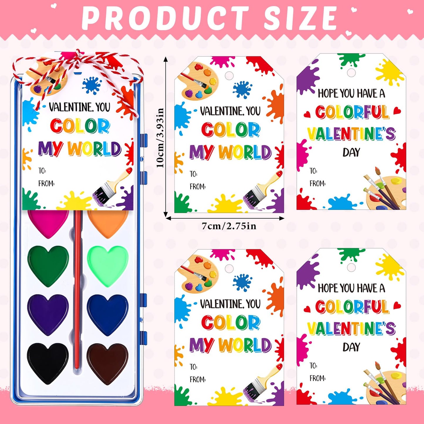 Sabary 24-Pack Valentines Day Watercolor Paint Sets with Cards & 20m Red Rope – Washable, Vibrant Bulk Gift