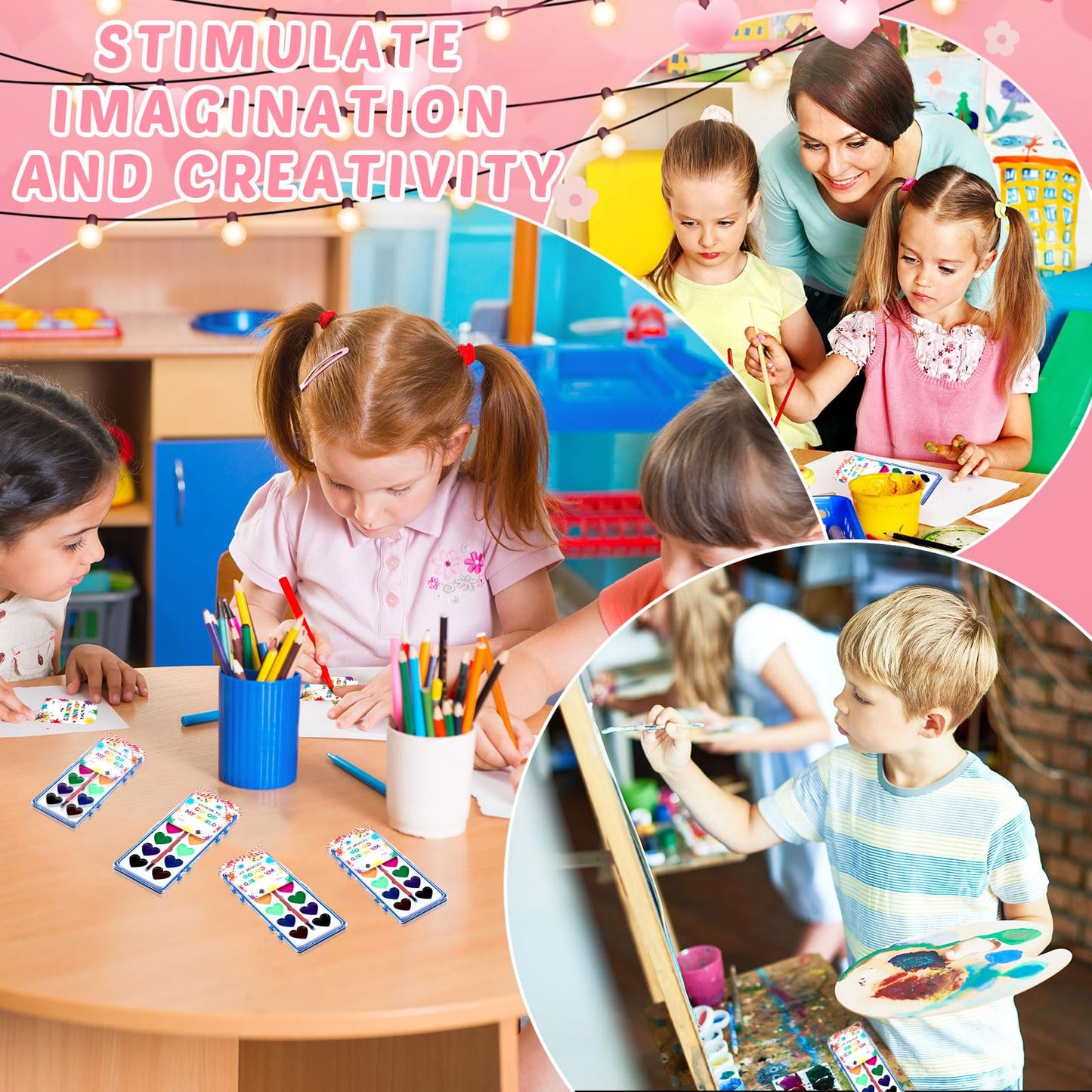 Sabary 50-Pack Valentines Day Watercolor Paint Set with Cards and Rope