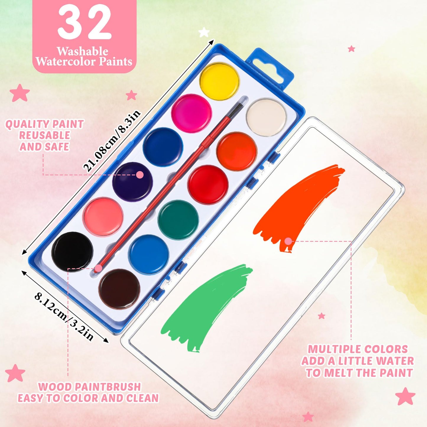 Sabary 32 Pack Valentine Watercolor Paint Sets – Washable Paints, Cards & 20m Rope for Classrooms & Gifts