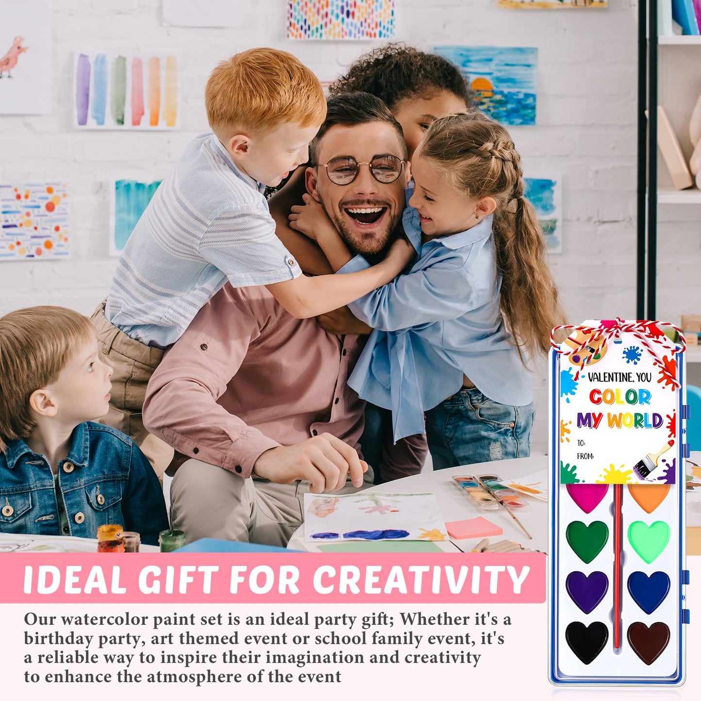 Sabary 50-Pack Valentines Day Watercolor Paint Set with Cards and Rope