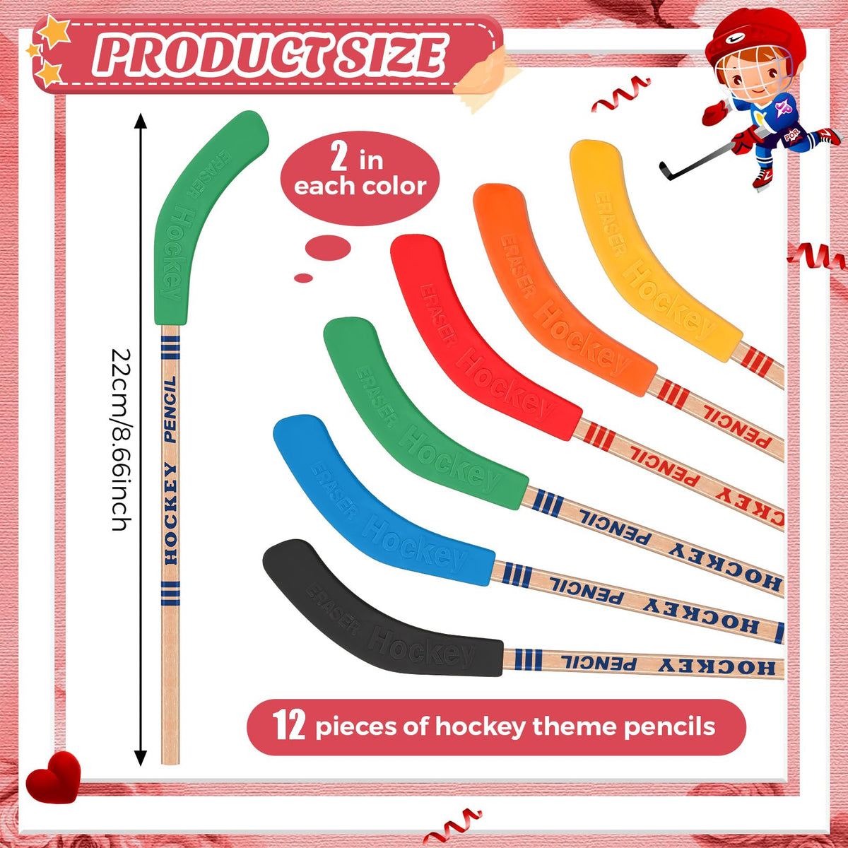 Sabary 12-Pack Valentines Hockey Pencils with Cards — Classroom Party Favors