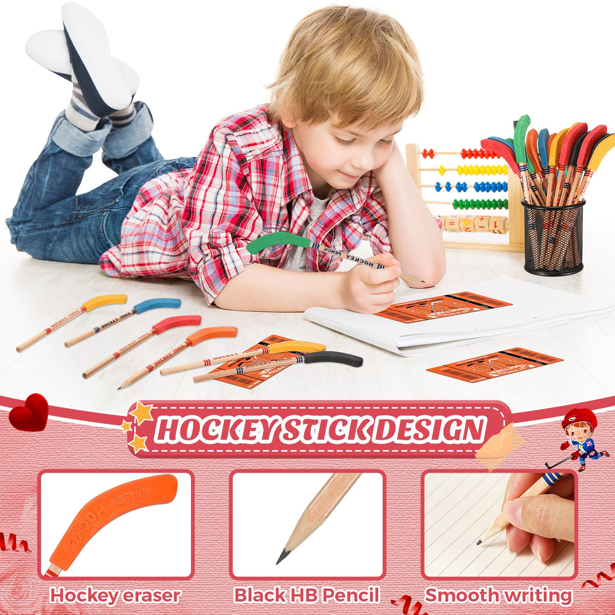 Sabary 12-Pack Valentines Hockey Pencils with Cards — Classroom Party Favors