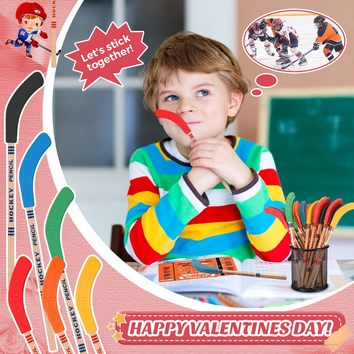 Sabary 12-Pack Valentines Hockey Pencils with Cards — Classroom Party Favors