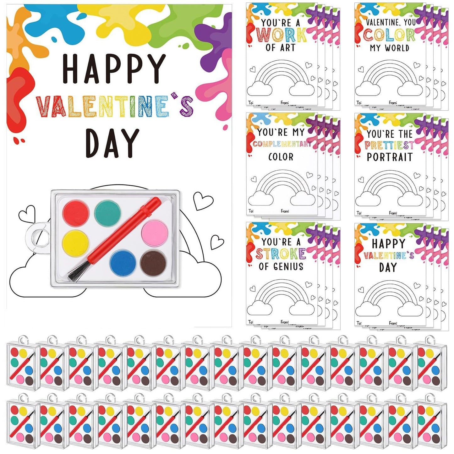 Sabary 36 Pack Valentines Day Watercolor Paint Sets with Gift Cards – Classroom Prizes & Party Favors