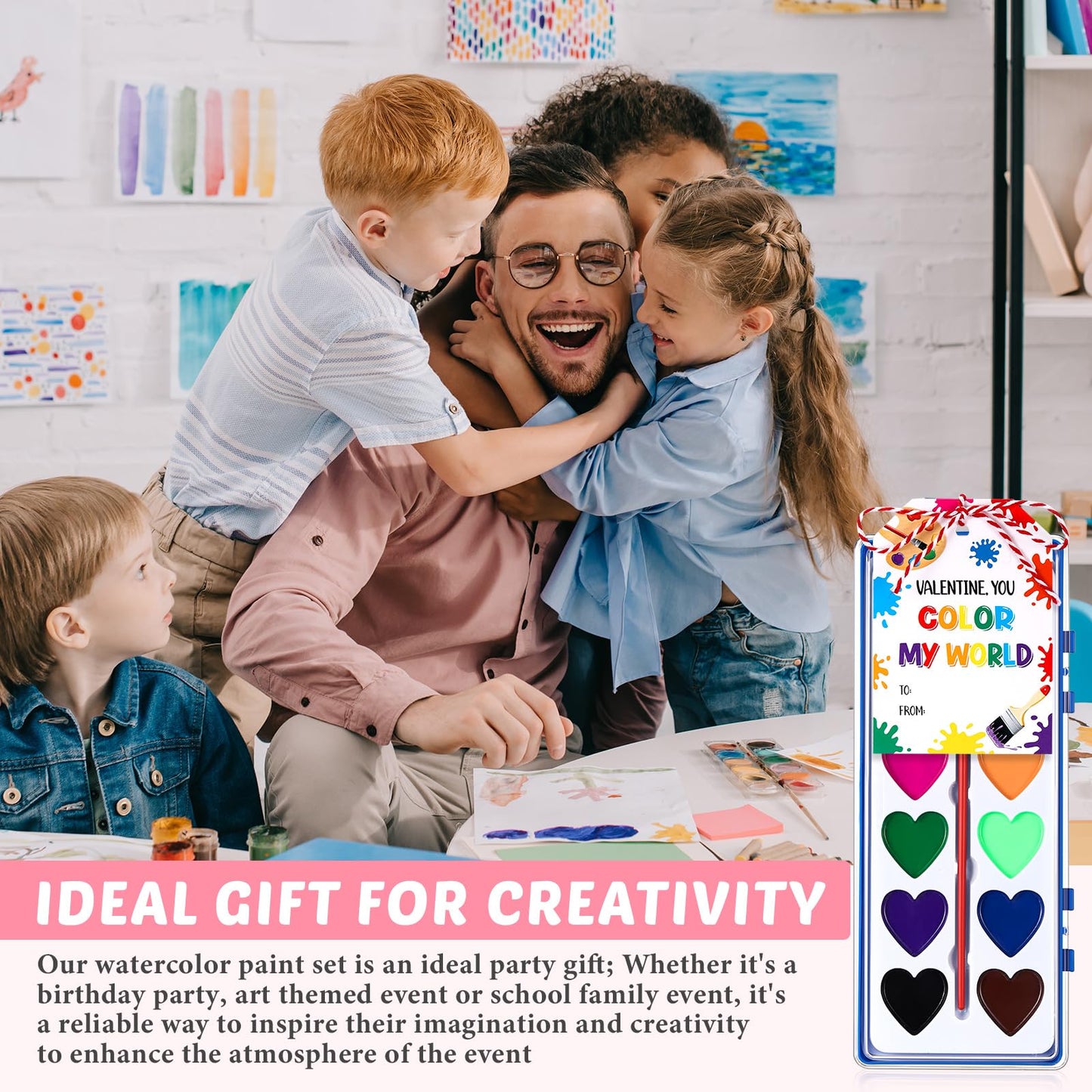 Sabary 24-Pack Valentines Day Watercolor Paint Sets with Cards & 20m Red Rope – Washable, Vibrant Bulk Gift