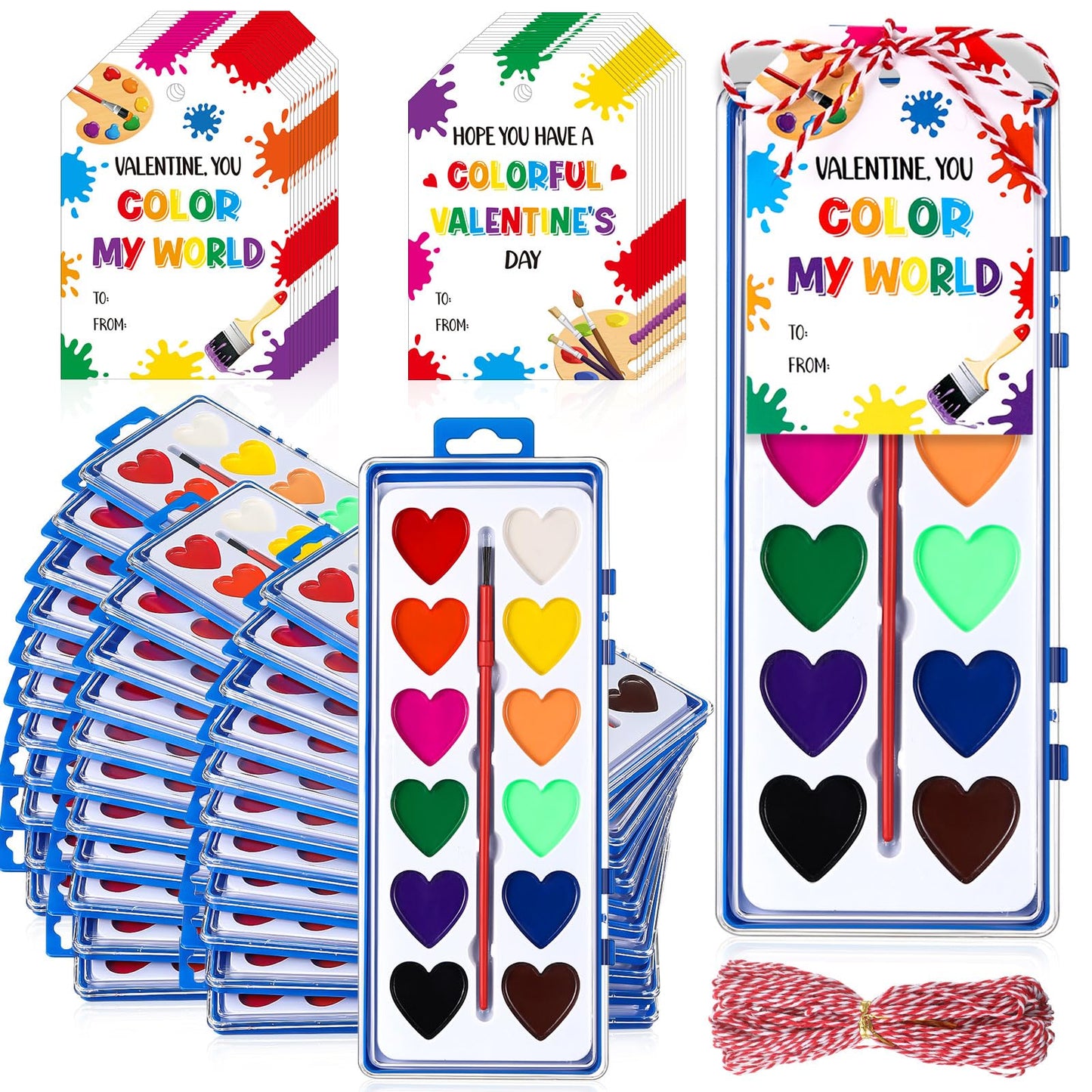 Sabary 50-Pack Valentines Day Watercolor Paint Set with Cards and Rope