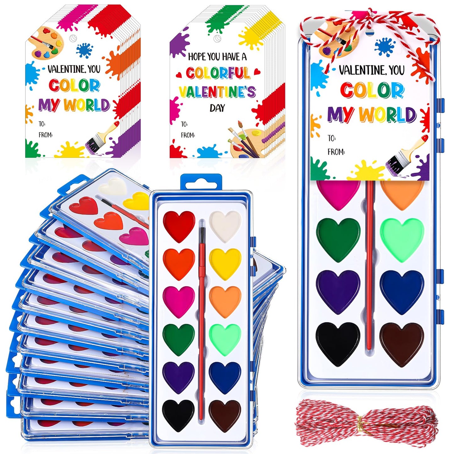 Sabary 24-Pack Valentines Day Watercolor Paint Sets with Cards & 20m Red Rope – Washable, Vibrant Bulk Gift