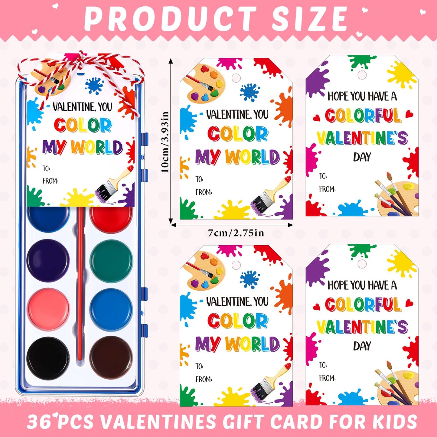 Sabary 36-Pack Valentine Watercolor Paint Sets – Washable Valentine Cards & 20m Rope