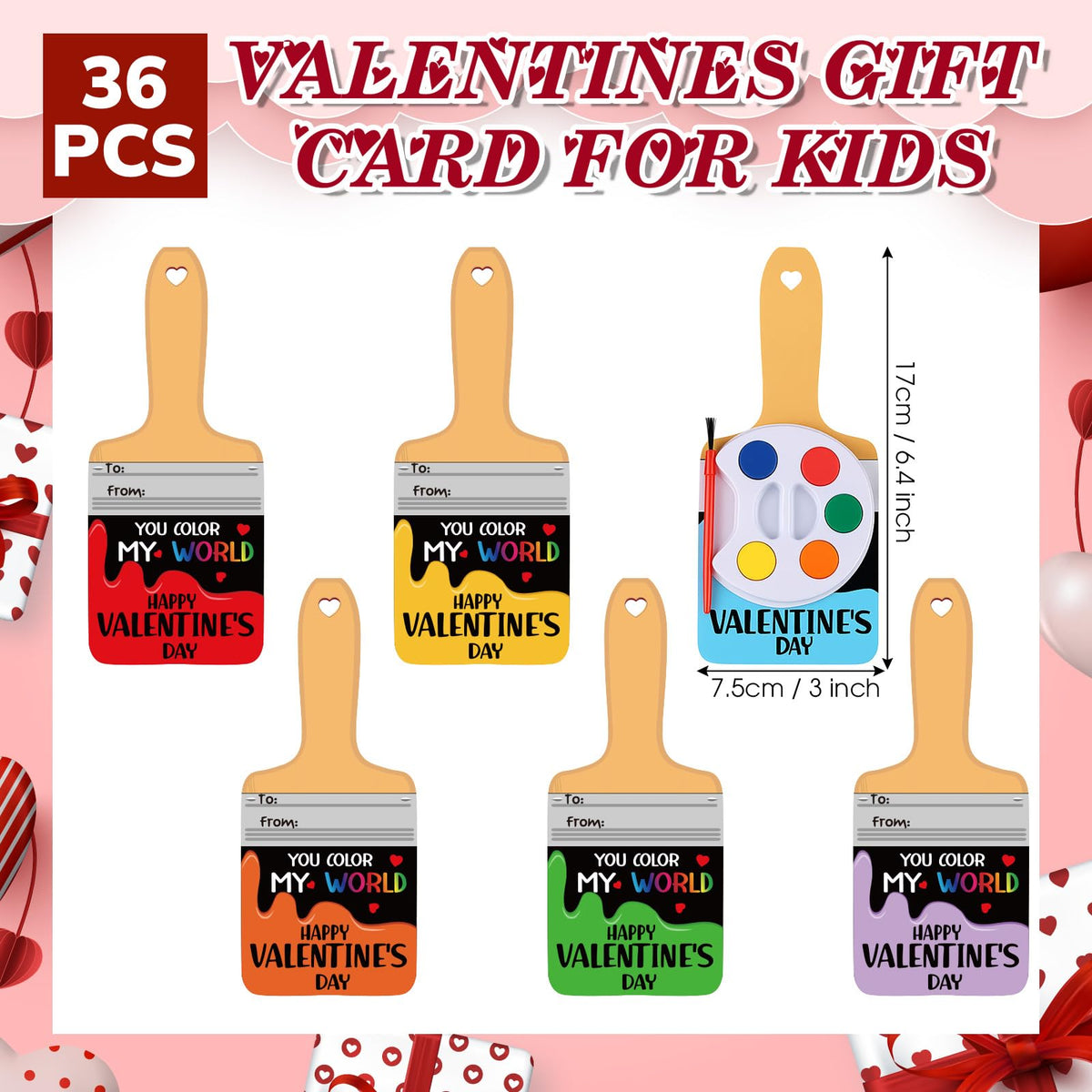 Sabary 24 Pack Valentine Card Set + Watercolor Paint Bulk – Paint Brush Valentines & Gift Favors