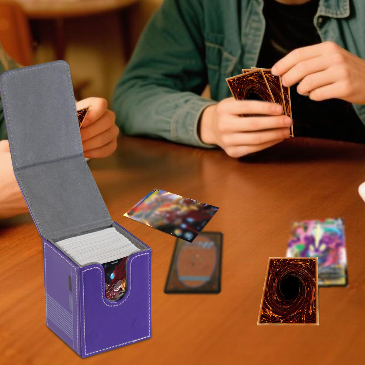 Sabermaster Card Deck Box – Fits 100+ Cards, Premium PU Leather, YGO MTG, Purple
