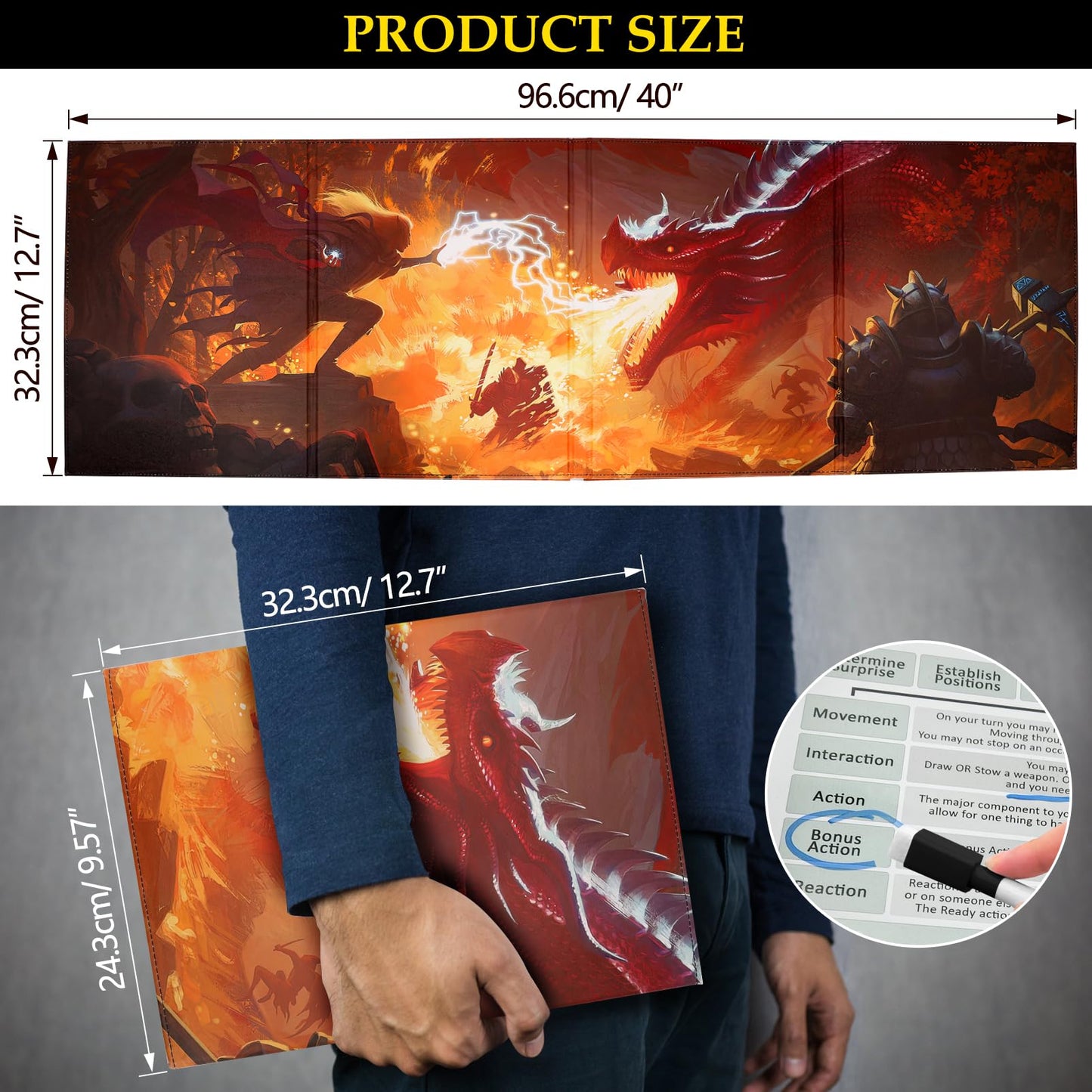 Sabermaster DND DM Screen Leather with 4 Wet-Erase Pockets – Portable 4-Panel Master Screen Screen A