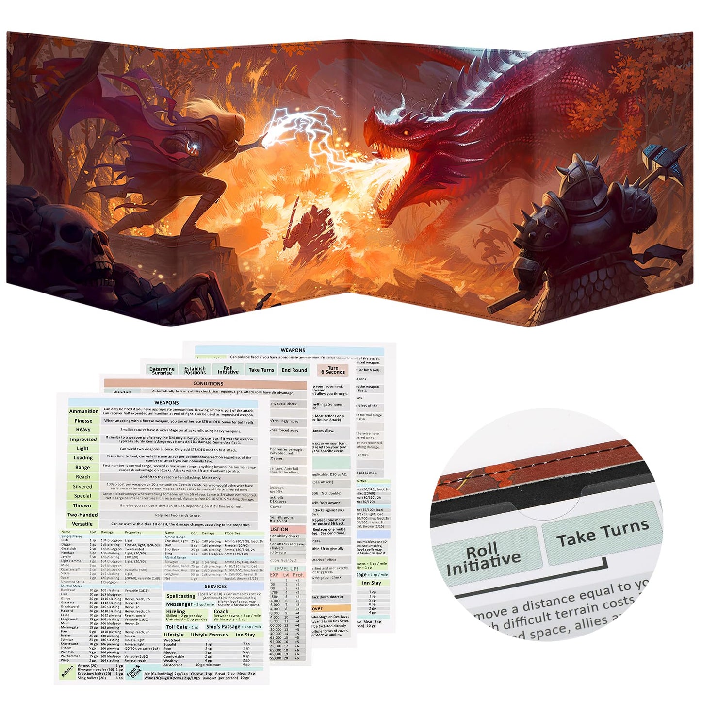 Sabermaster DND DM Screen Leather with 4 Wet-Erase Pockets – Portable 4-Panel Master Screen Screen A