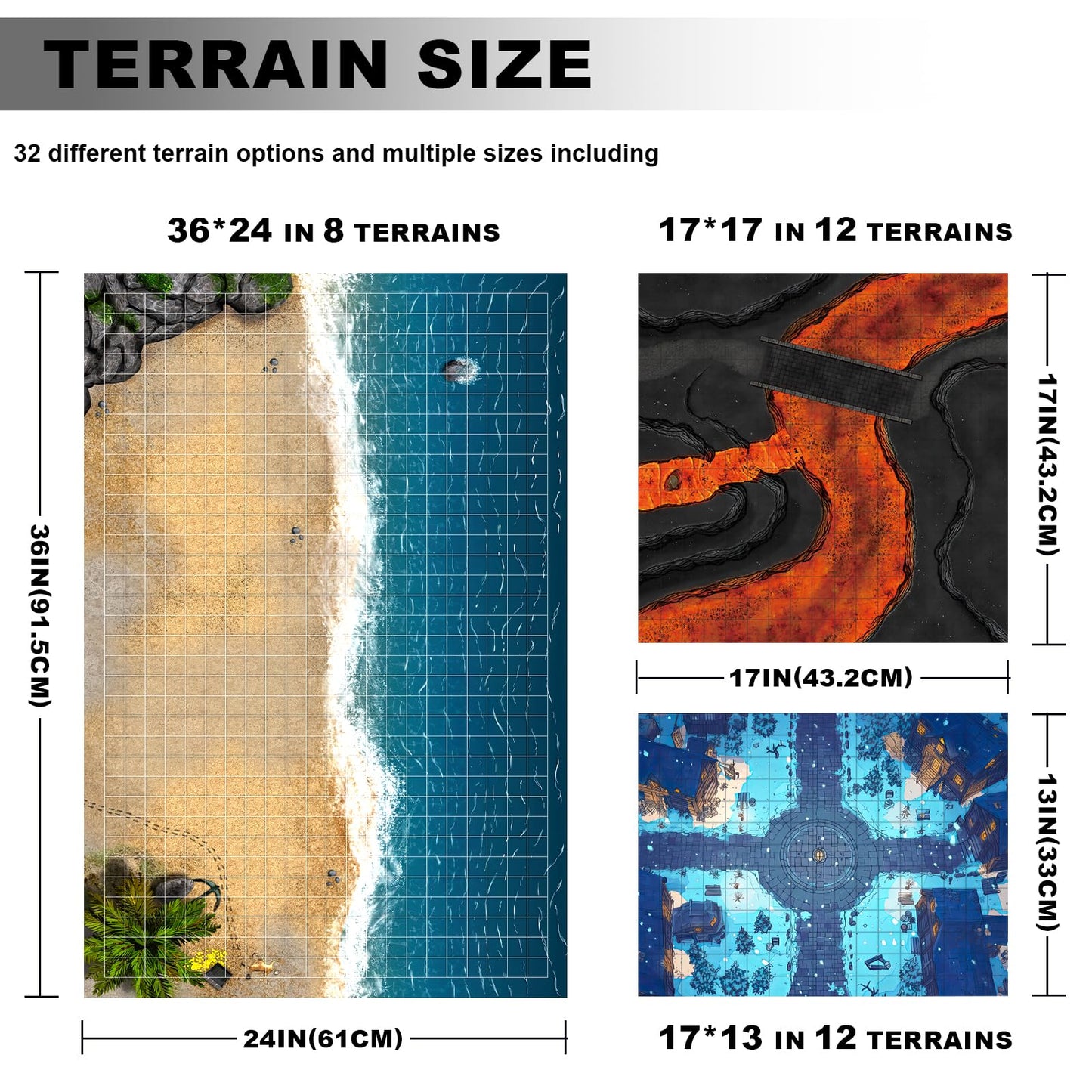 Sabermaster DND Map 32 Terrain Battle Mats – 24x36, 17x17, 13x17 Double-Sided Grids