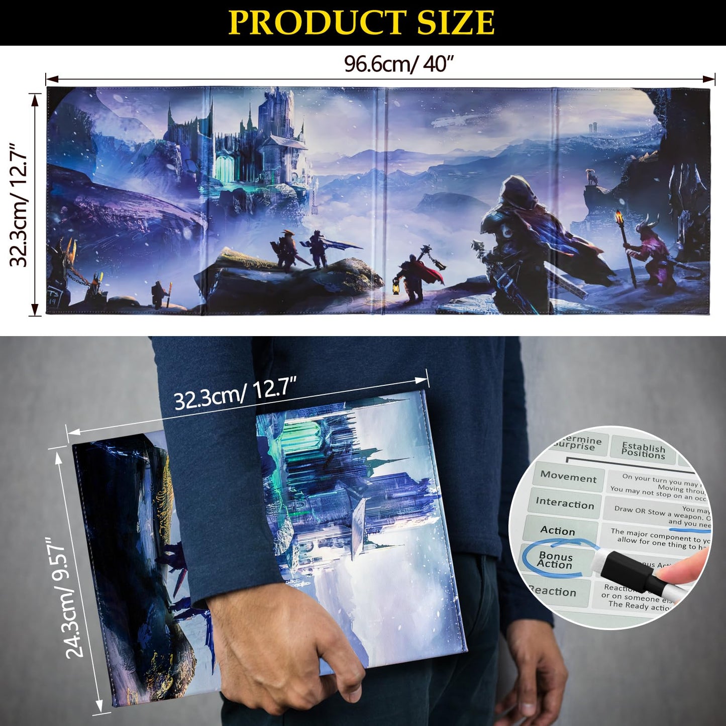 Sabermaster DND Screen Leather – 4-Panel Master Screen with Wet-Erase Pockets for TRPG