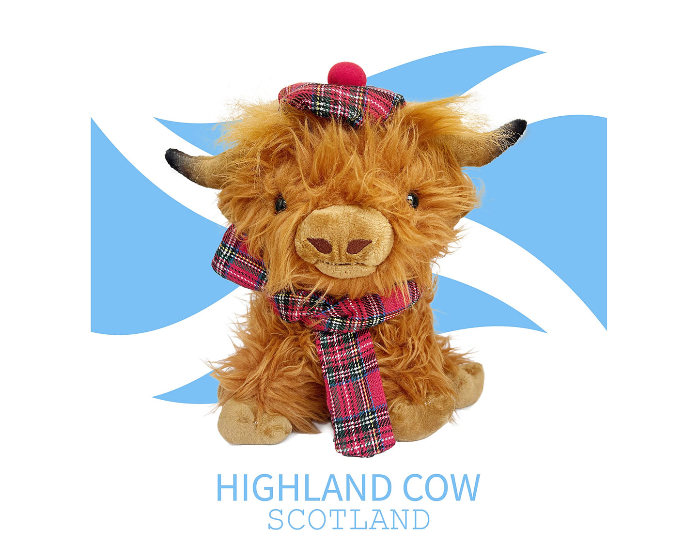 Wilbur Highland Cow Plush Toy – 10-Inch Brown Plushie with Tartan Hat & Scarf | SaBrissi