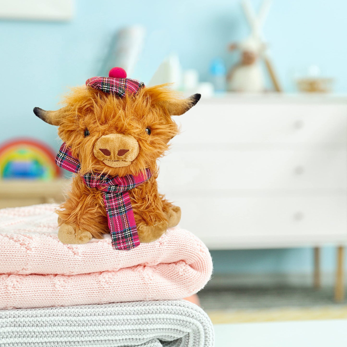 Wilbur Highland Cow Plush Toy – 10-Inch Brown Plushie with Tartan Hat & Scarf | SaBrissi