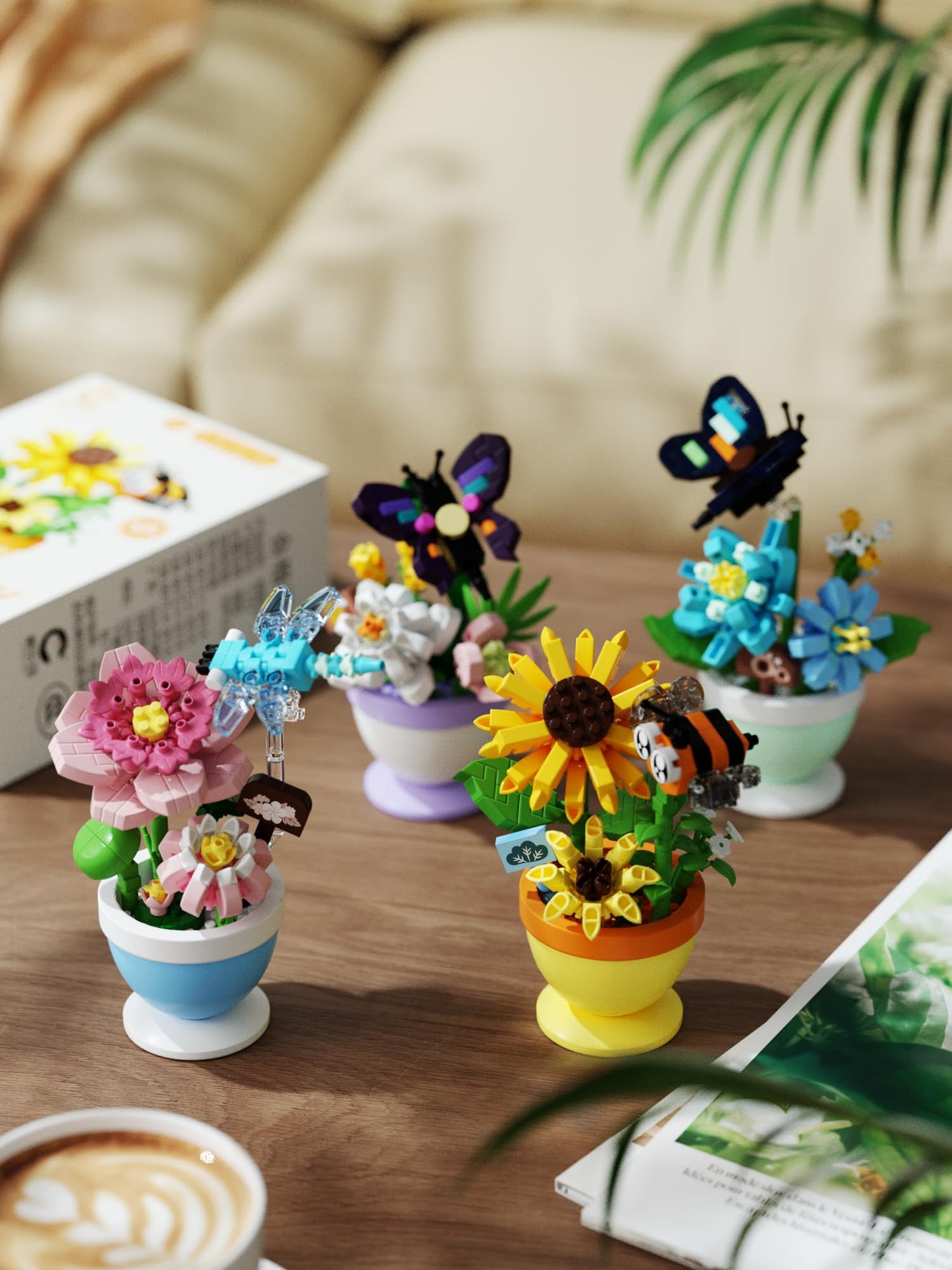 Sacblirr Set of 4 Mini Flower Bonsai with Insects — DIY Potted Plant Blocks