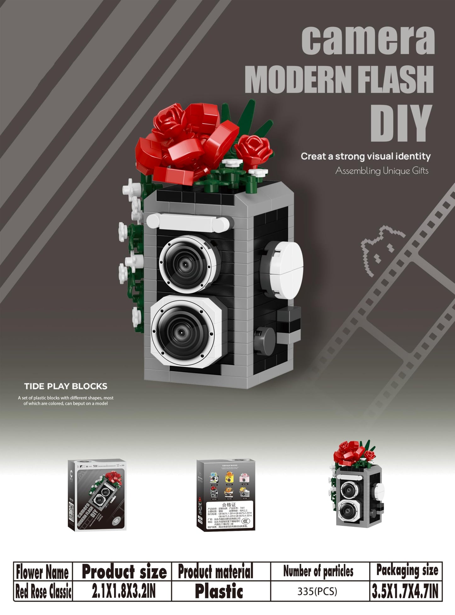 Sacblirr Red Rose Camera Mini Blocks – Floral Desk Decor & Creative Toy