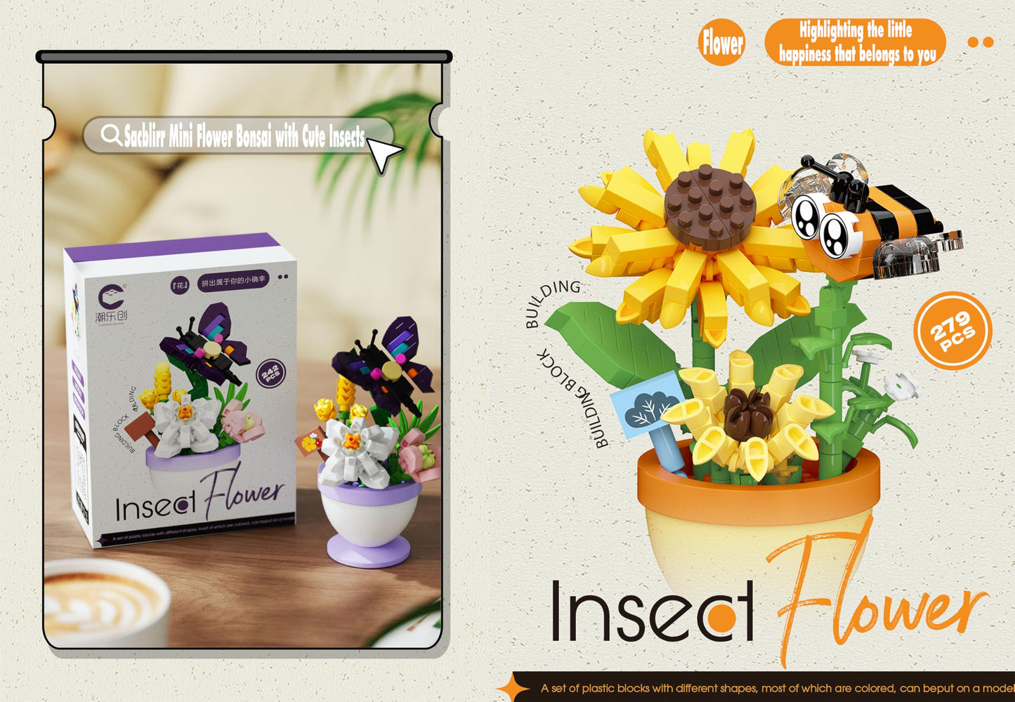 Sacblirr Set of 4 Mini Flower Bonsai with Insects — DIY Potted Plant Blocks
