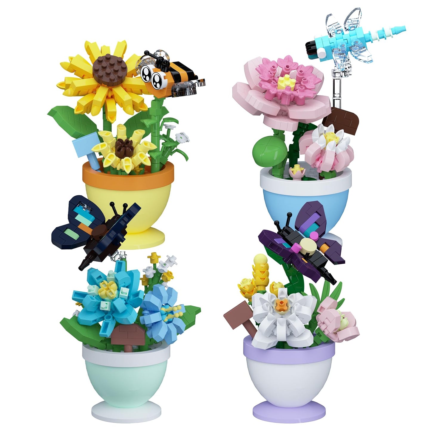 Sacblirr Set of 4 Mini Flower Bonsai with Insects — DIY Potted Plant Blocks