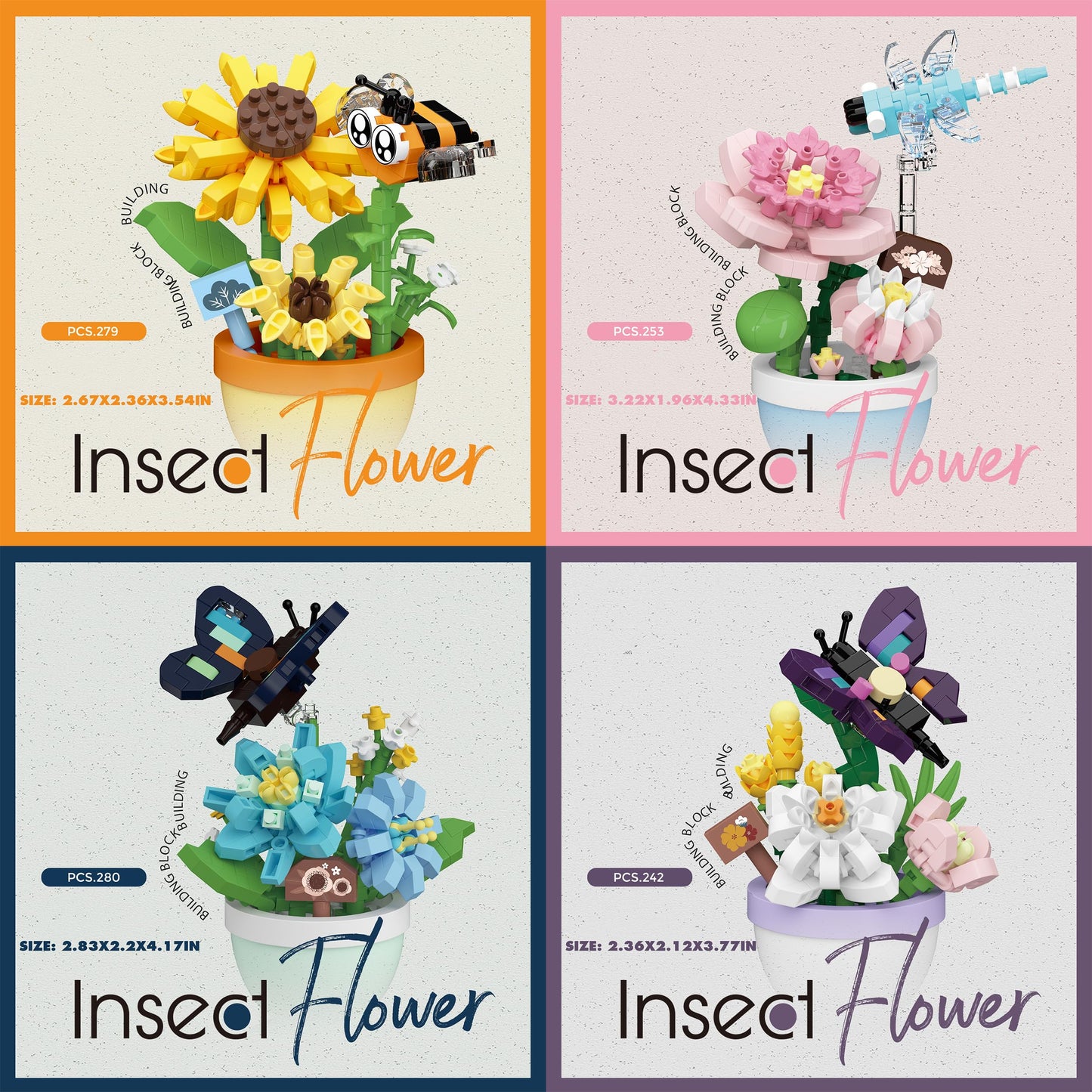 Sacblirr Set of 4 Mini Flower Bonsai with Insects — DIY Potted Plant Blocks