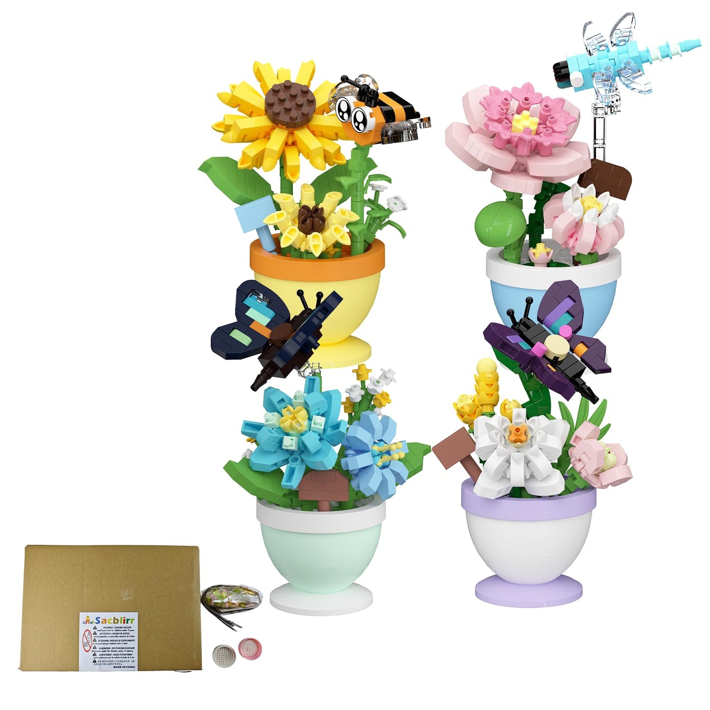 Sacblirr Set of 4 Mini Flower Bonsai with Insects — DIY Potted Plant Blocks