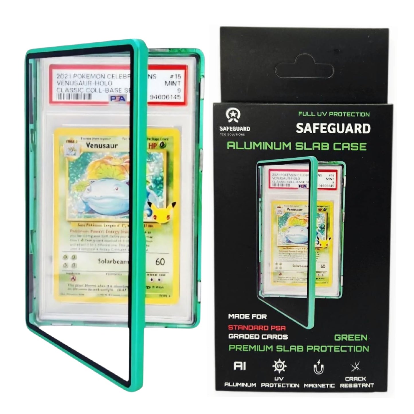 Safeguard TCG Metal PSA Slab Bumper Case - UV Resistant & Stackable (Green)