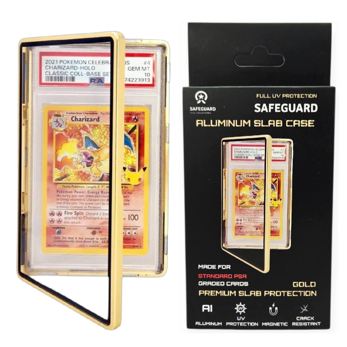 Safeguard TCG Solutions Metal PSA Slab Bumper Case – UV-Resistant Aluminum, Magnetic, Stackable (Gold)
