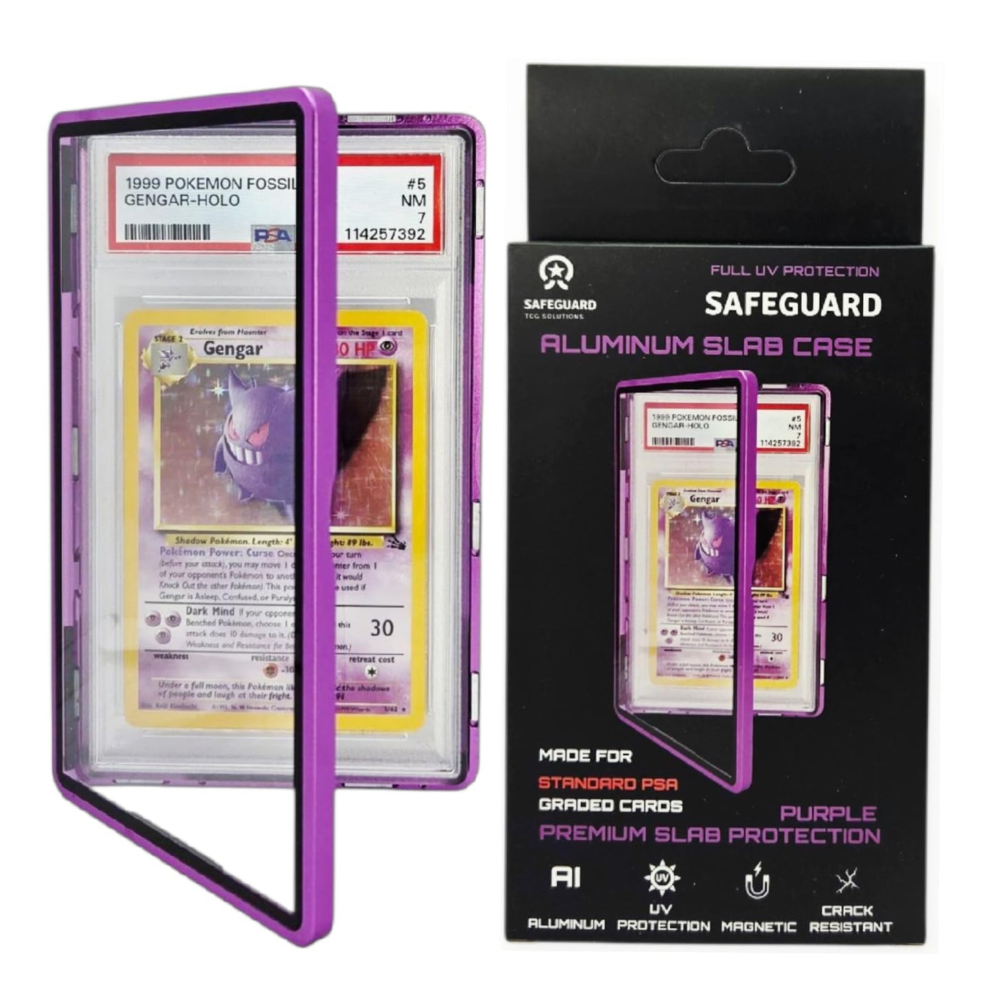 Safeguard TCG Solutions: Metal PSA Slab Bumper Case – UV Resistant, Stackable Magnetic Aluminum (Purple)