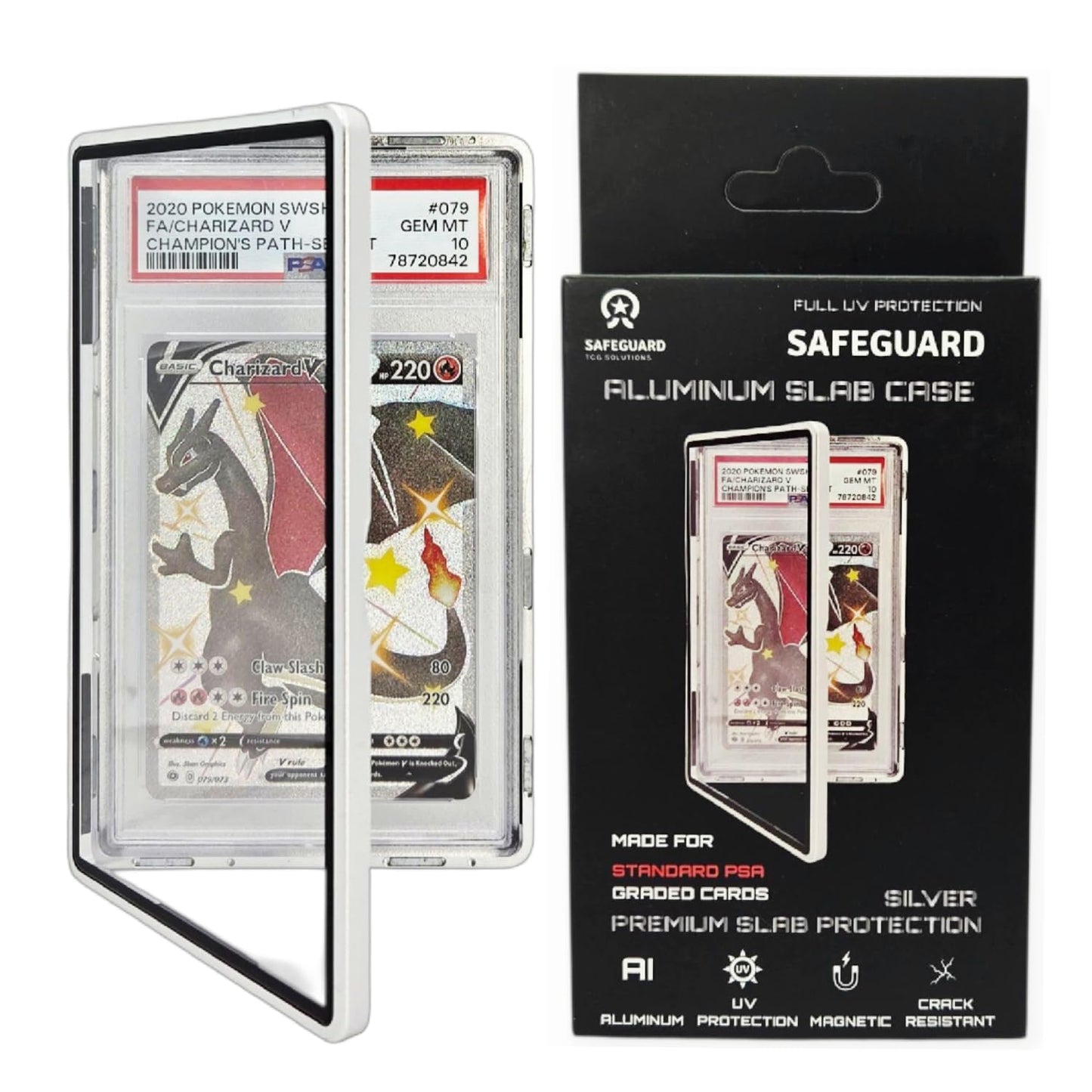Safeguard TCG Solutions Metal PSA Slab Bumper Case – UV Resistant, Stackable Magnetic Aluminum Case for Graded Cards (Metallic Silver)