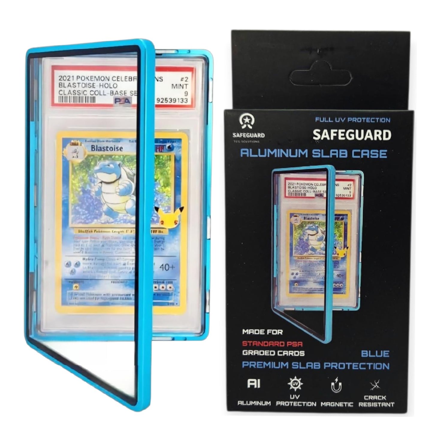 Safeguard TCG Solutions Metal PSA Slab Bumper Case – UV-Resistant Magnetic Aluminum for Graded Cards (Blue)