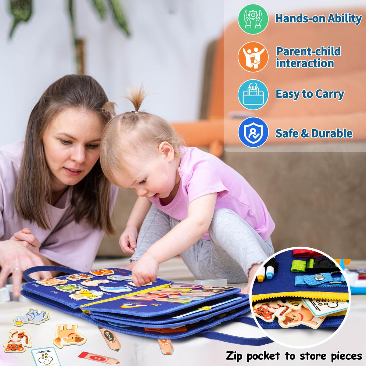 SaFeli Toddler Busy Board – Montessori Sensory Toy Blue