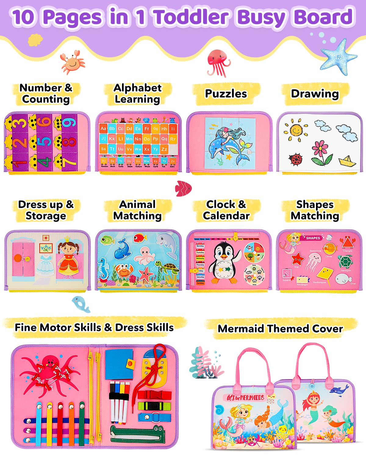 SaFeli Toddler Busy Board – Montessori Learning Toy & Travel Activity Book | Pink