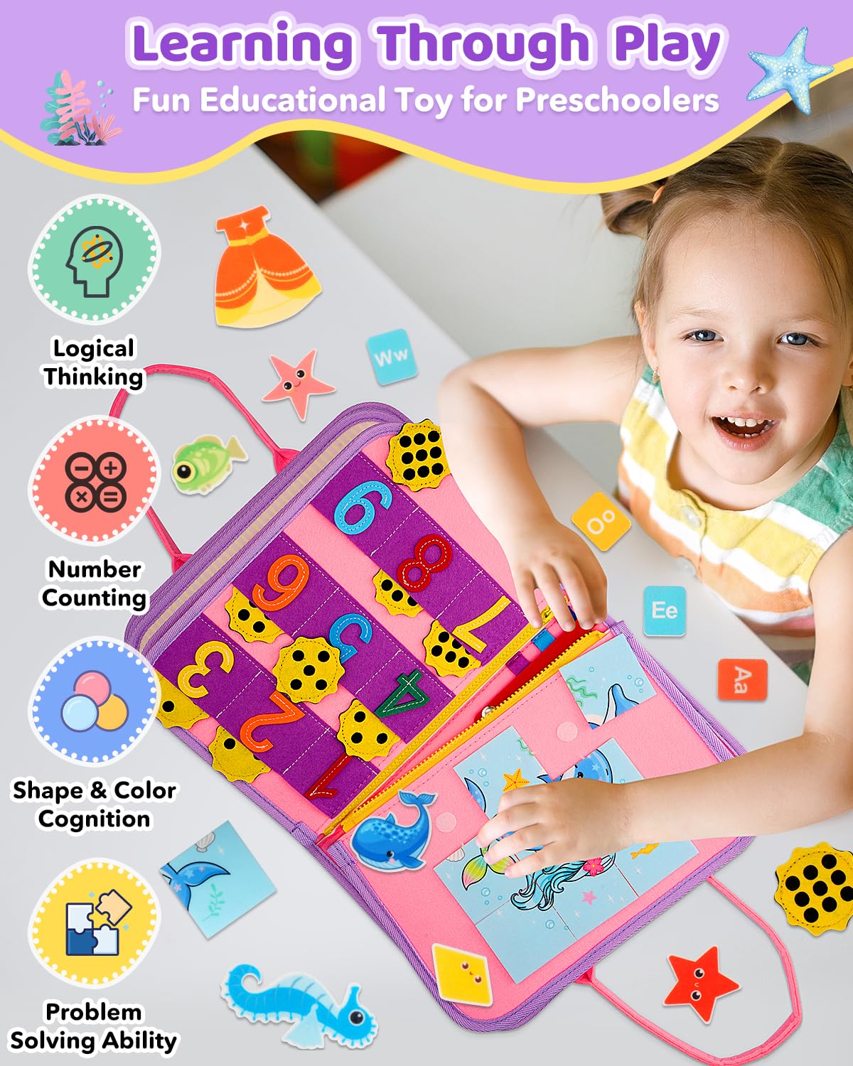 SaFeli Toddler Busy Board – Montessori Learning Toy & Travel Activity Book | Pink