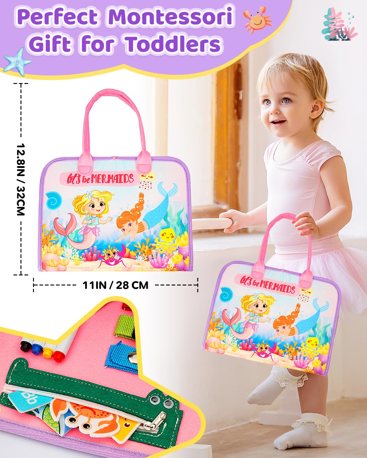 SaFeli Toddler Busy Board – Montessori Learning Toy & Travel Activity Book | Pink