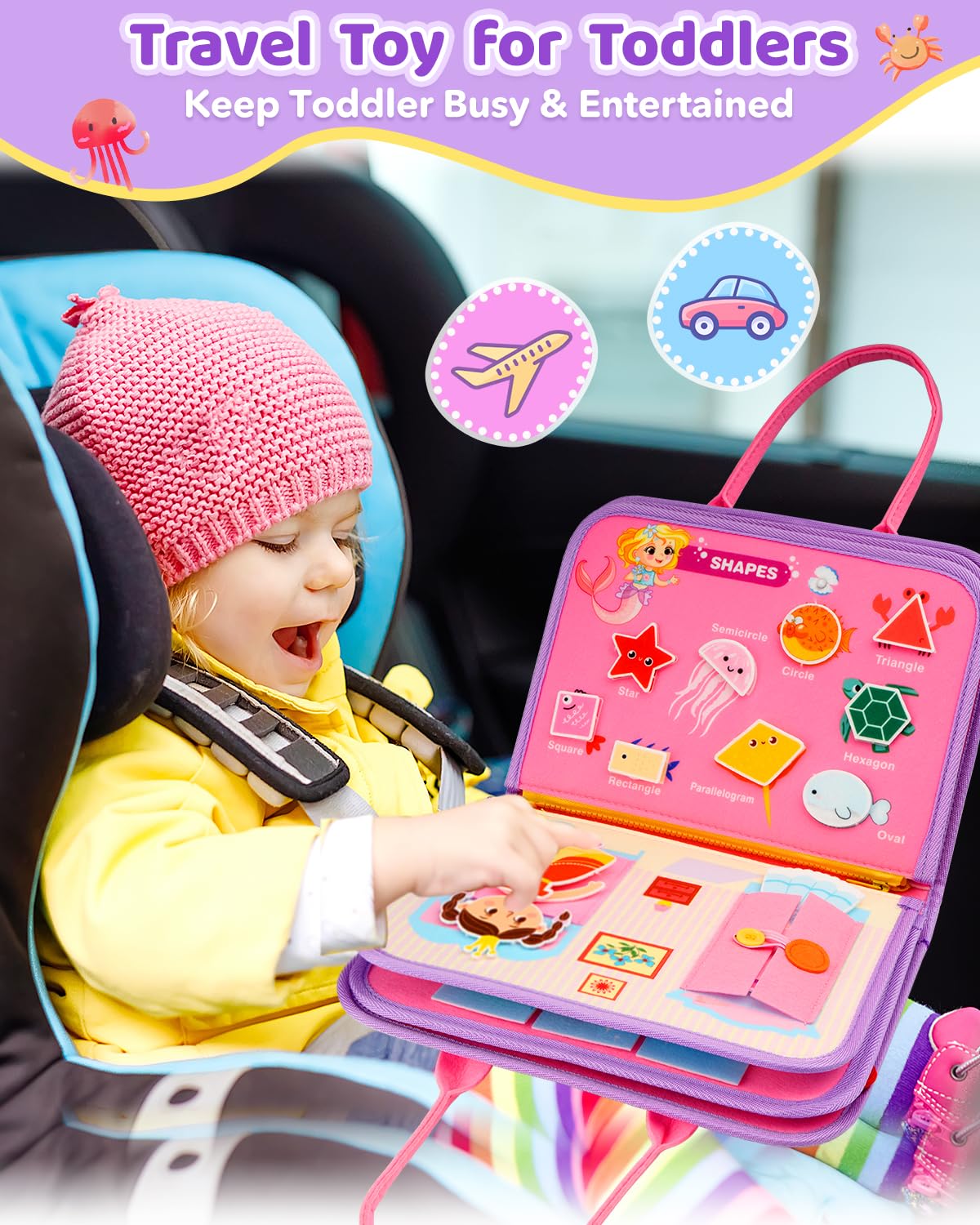 SaFeli Toddler Busy Board – Montessori Learning Toy & Travel Activity Book | Pink